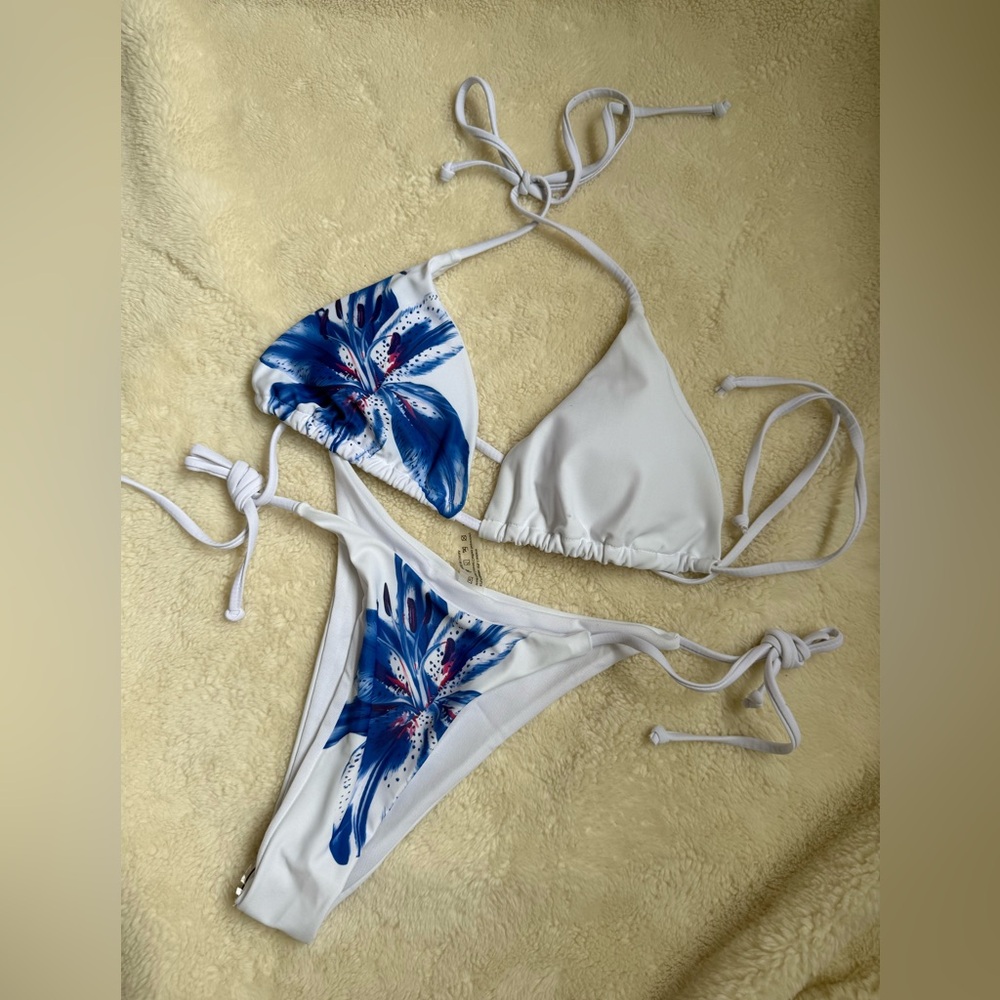 SHEIN White and Blue Floral Triangle Bikini Set